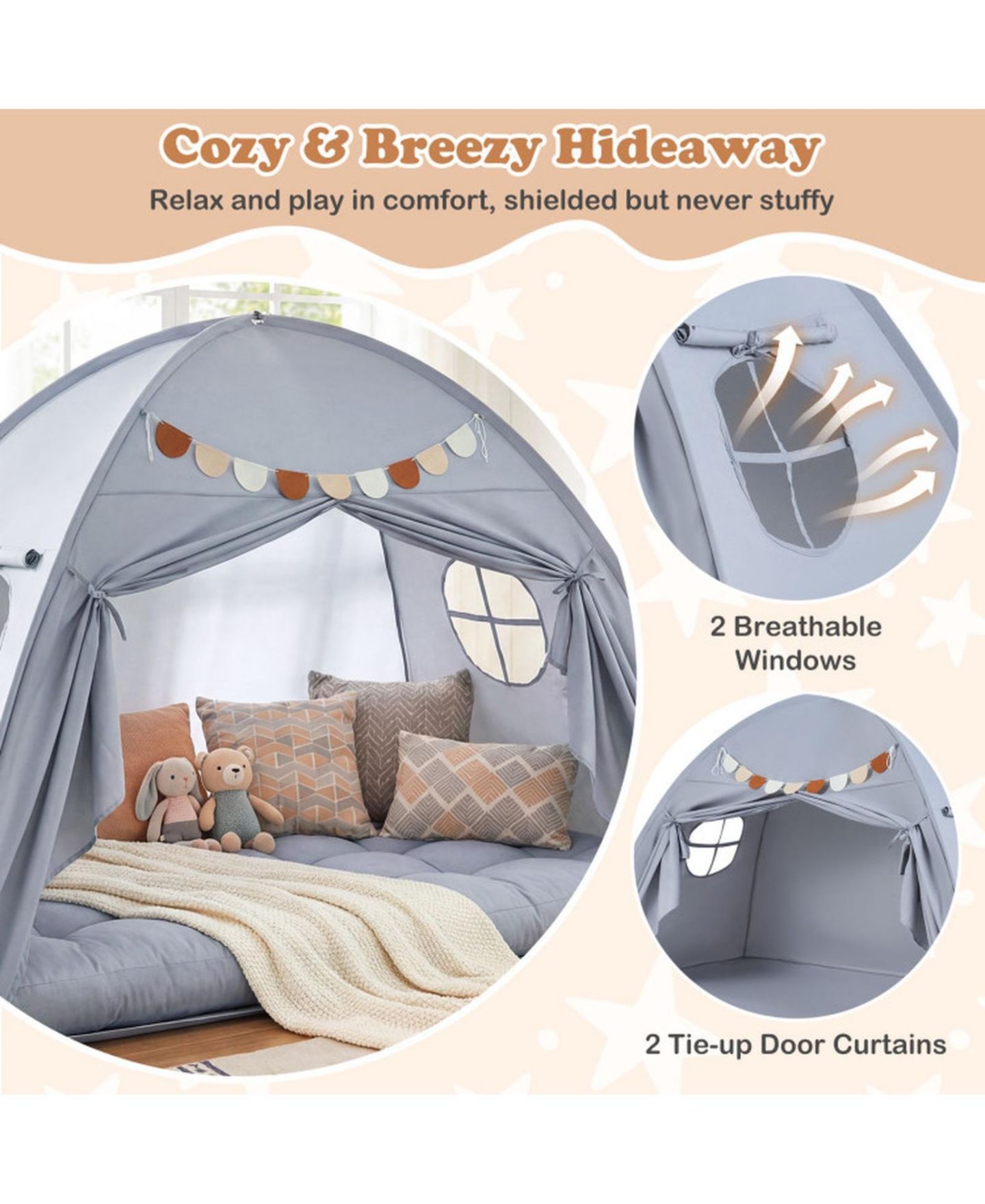 Детская игрушка HONGGE Machine-Washable Indoor Twin-Size Canopy Tent, Ages 3+, цвет: Меланжевый серый — фото 7