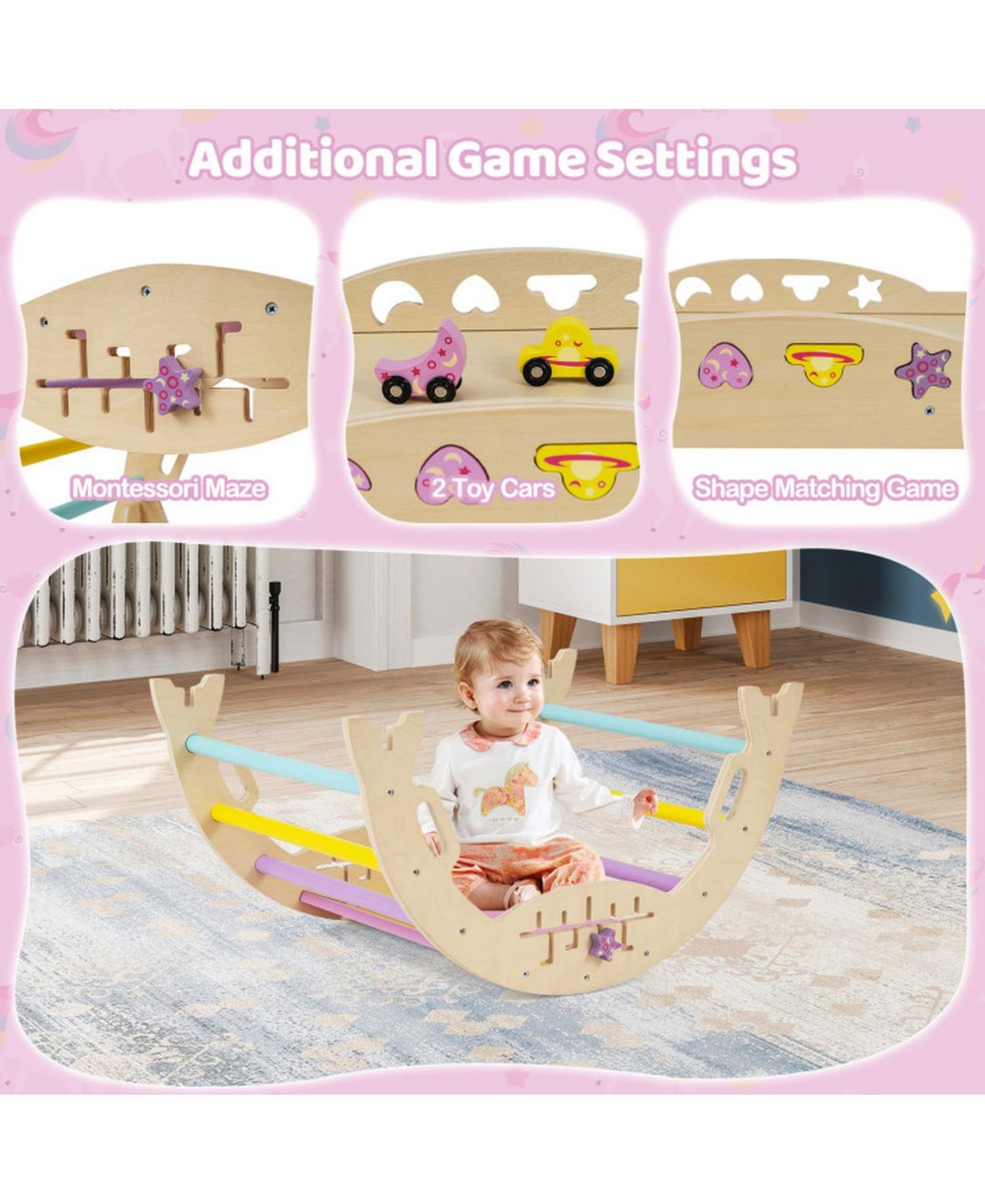 Детские игрушки HONGGE 8-in-1 Foldable Montessori Wooden Climbing Set, Ages 3+, цвет: Розовый — фото 8