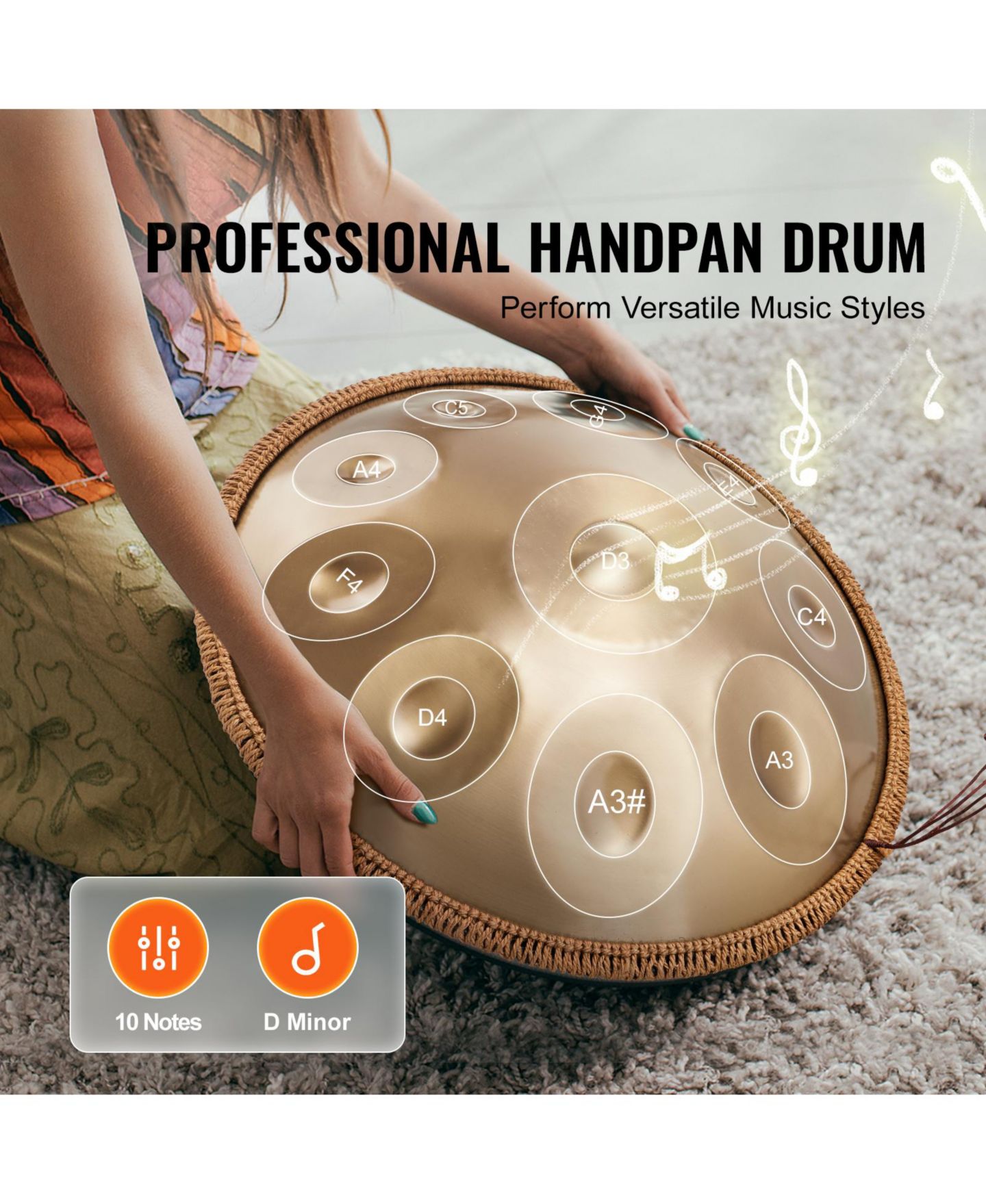 Детская игрушка HONGGE 22-Inch Steel Handpan Drum 10-Note D Minor, цвет: Золотой стальной — фото 2