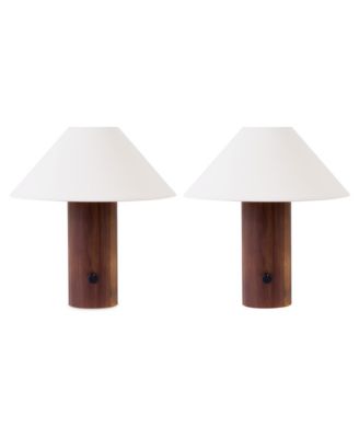 Oakley Wood LED Desk Lamps with Cotton Shades, Set of 2