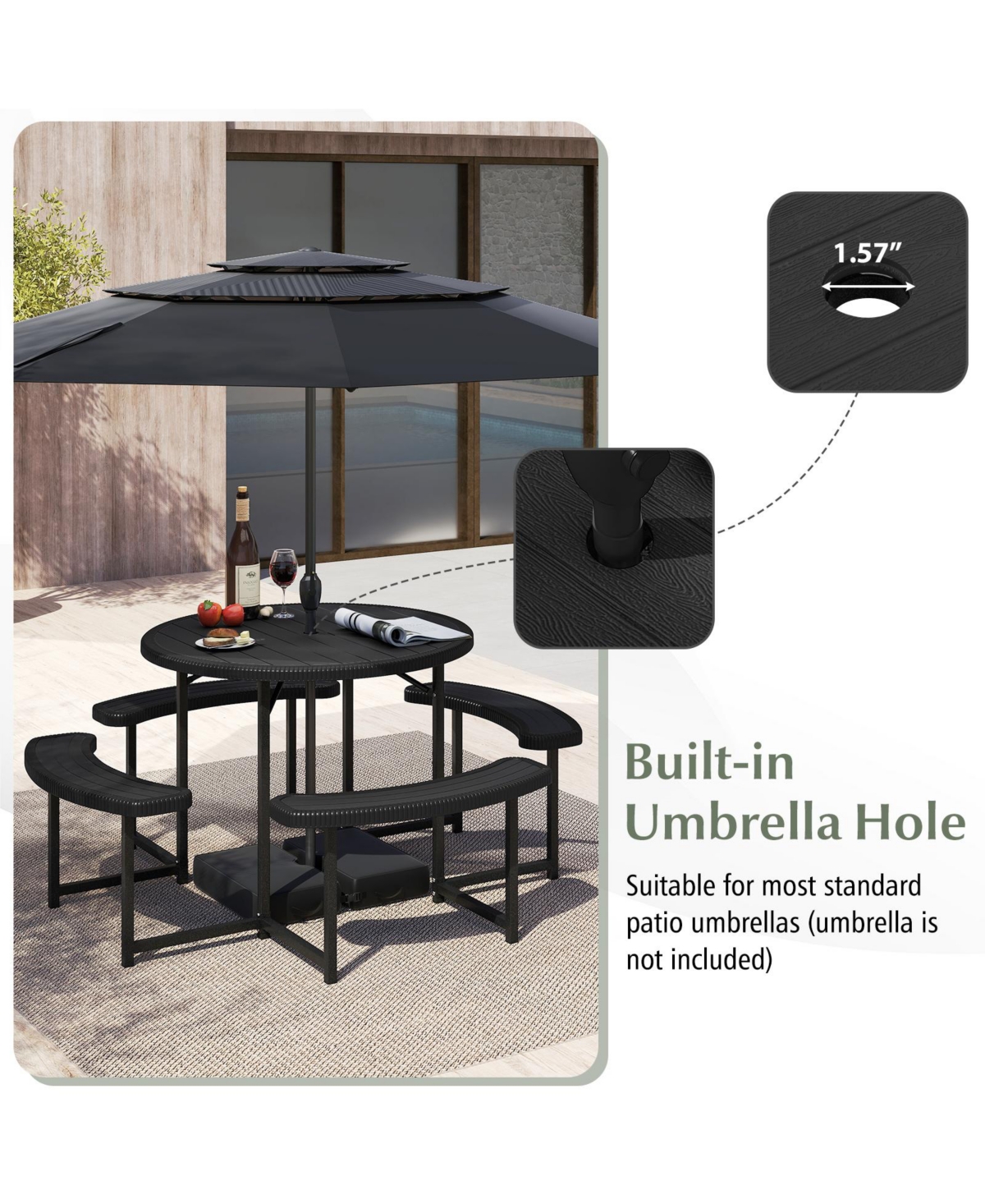 Gouun Round Hdpe Picnic Table and Bench Set with Umbrella Hole