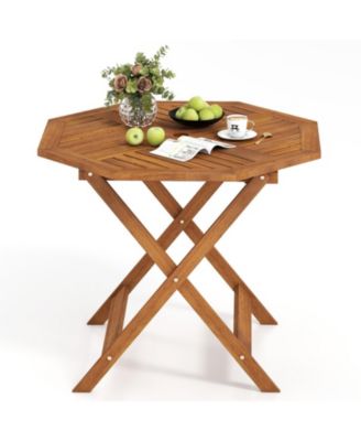 35.5 in Solid Wood Octagon Patio Dining Table with 1.97 in Umbrella Hole, Slatted Top