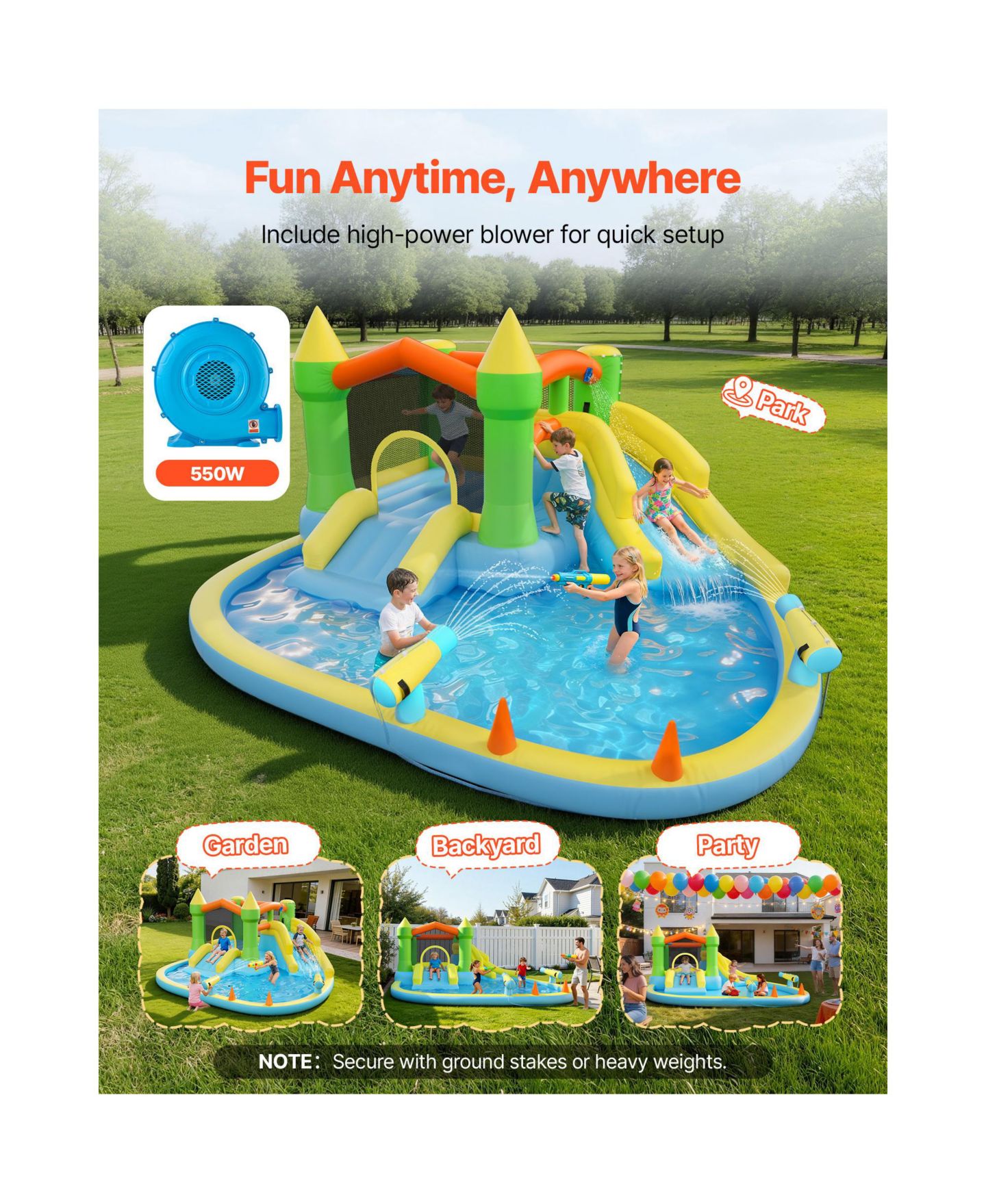 Детская игрушка HONGGE 12.5 Feet Inflatable Bounce House with Water Slide and Splash Pool, 353 lb Capacity, Ages 3-8, цвет: Синий / Зелёный — фото 4