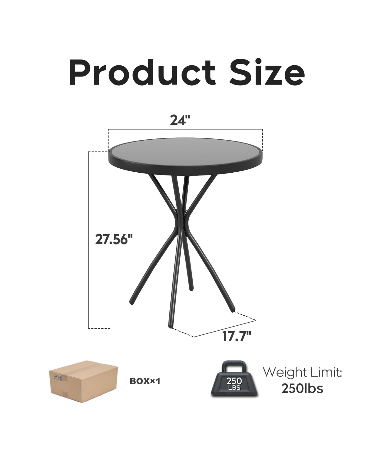 Clihome 24in Round Tempered Glass Side Table, Metal Frame Indoor Outdoor End Table