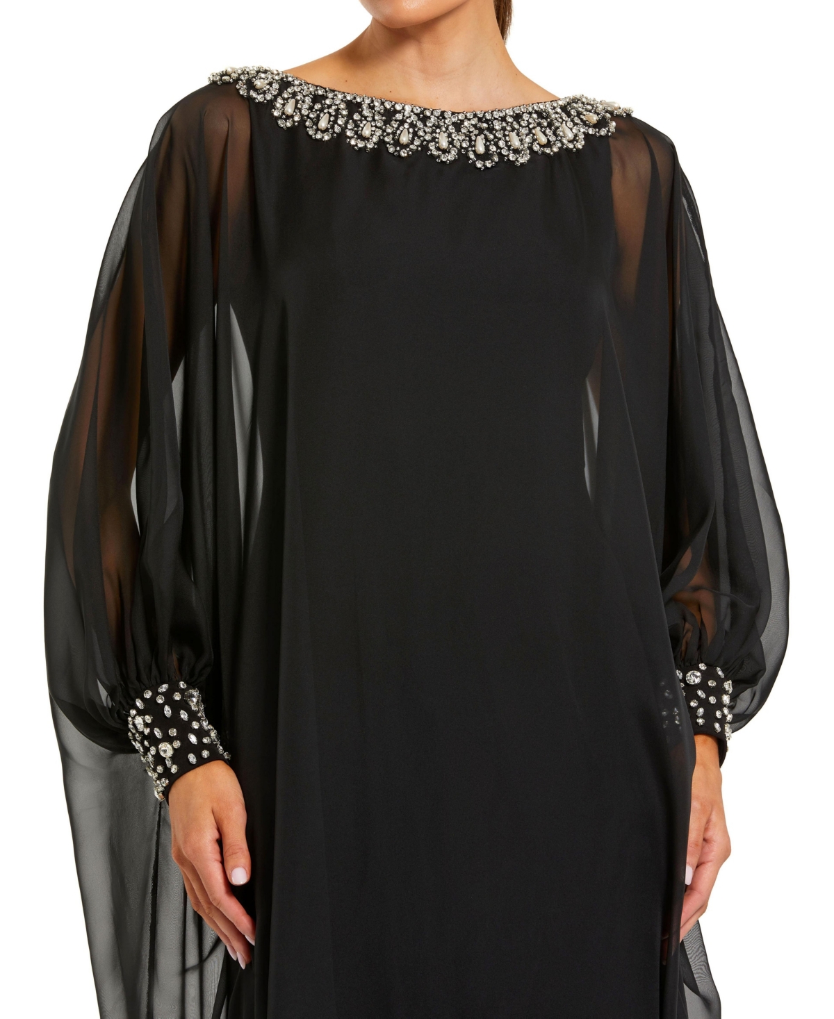 Mac Duggal Women's Chiffon Long Sleeve Kaftan Gown with Beaded Neckline