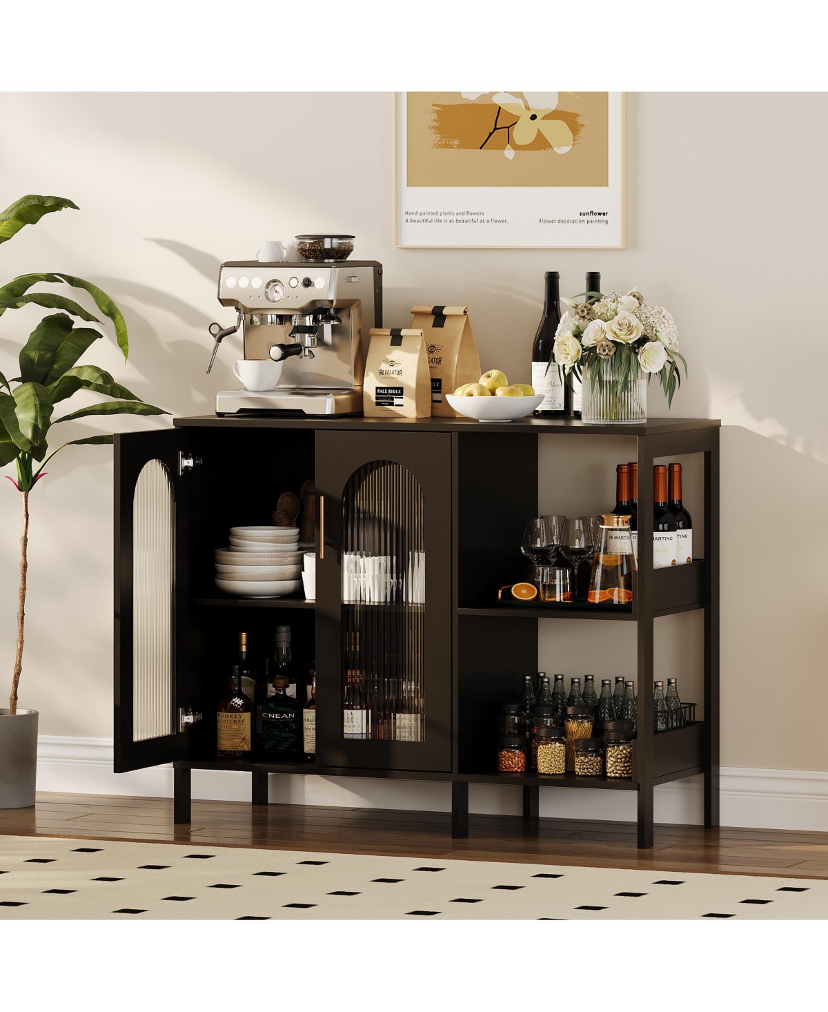 homfan Sideboard Buffet Cabinet with Glass Arch Doors and Adjustable Shelves for Bathroom, Entryway, Living Room