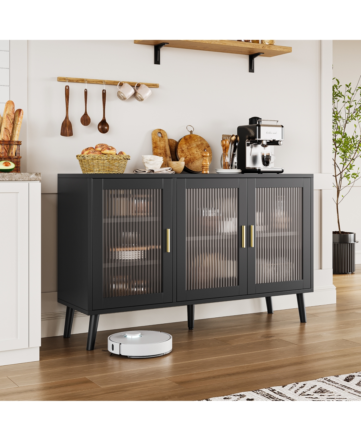homfan Buffet Cabinet with Ribbed Glass Doors Sideboard Storage for Dining Room Kitchen Living Room