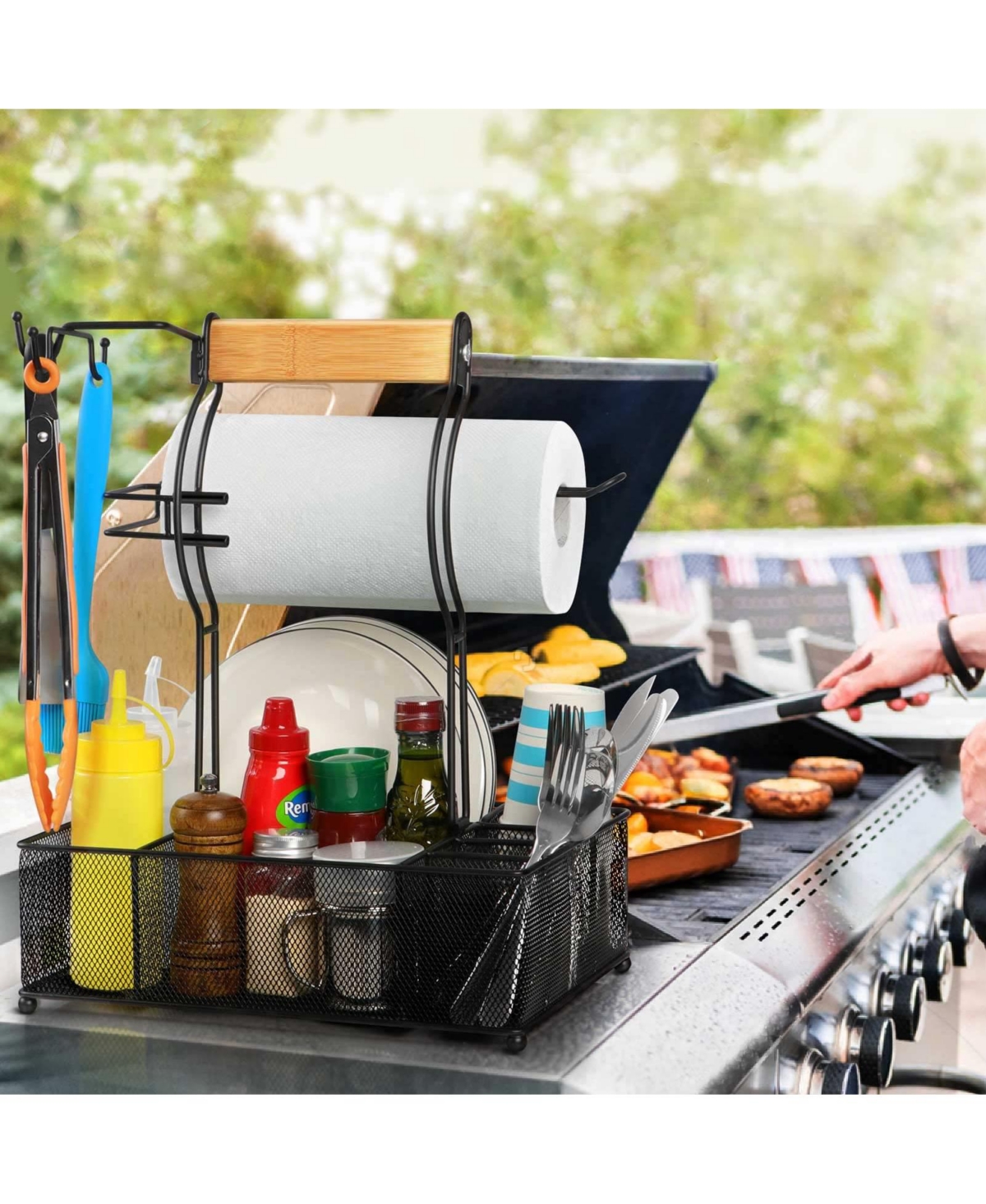 Piscifun Grill Caddy With Paper Towel Holder 7 Compartment Camping Bbq Organizer