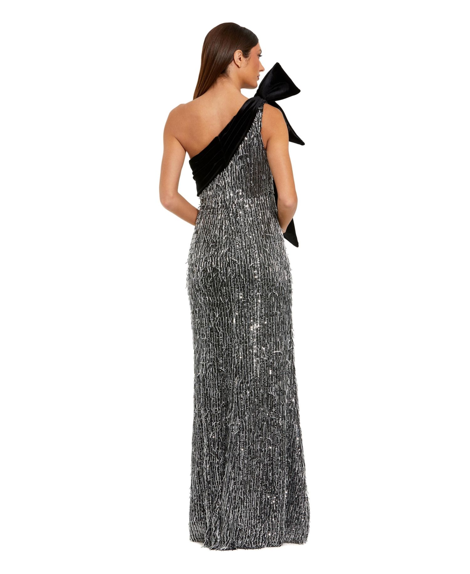 Women's One-Shoulder Sequin Velvet Bow Gown