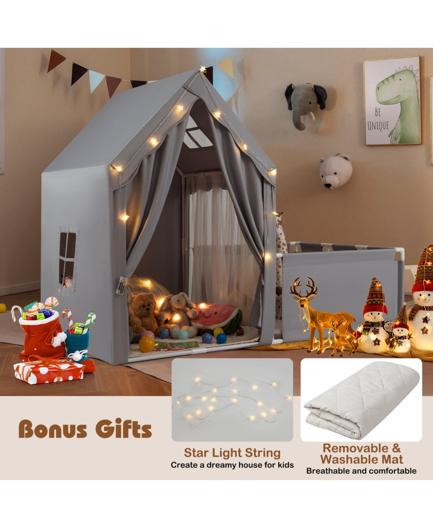Детская игрушка SUGIFT 2-in-1 Play Tent and Playpen Yard with Star String Lights, Ages 3+, цвет: Серый — фото 7
