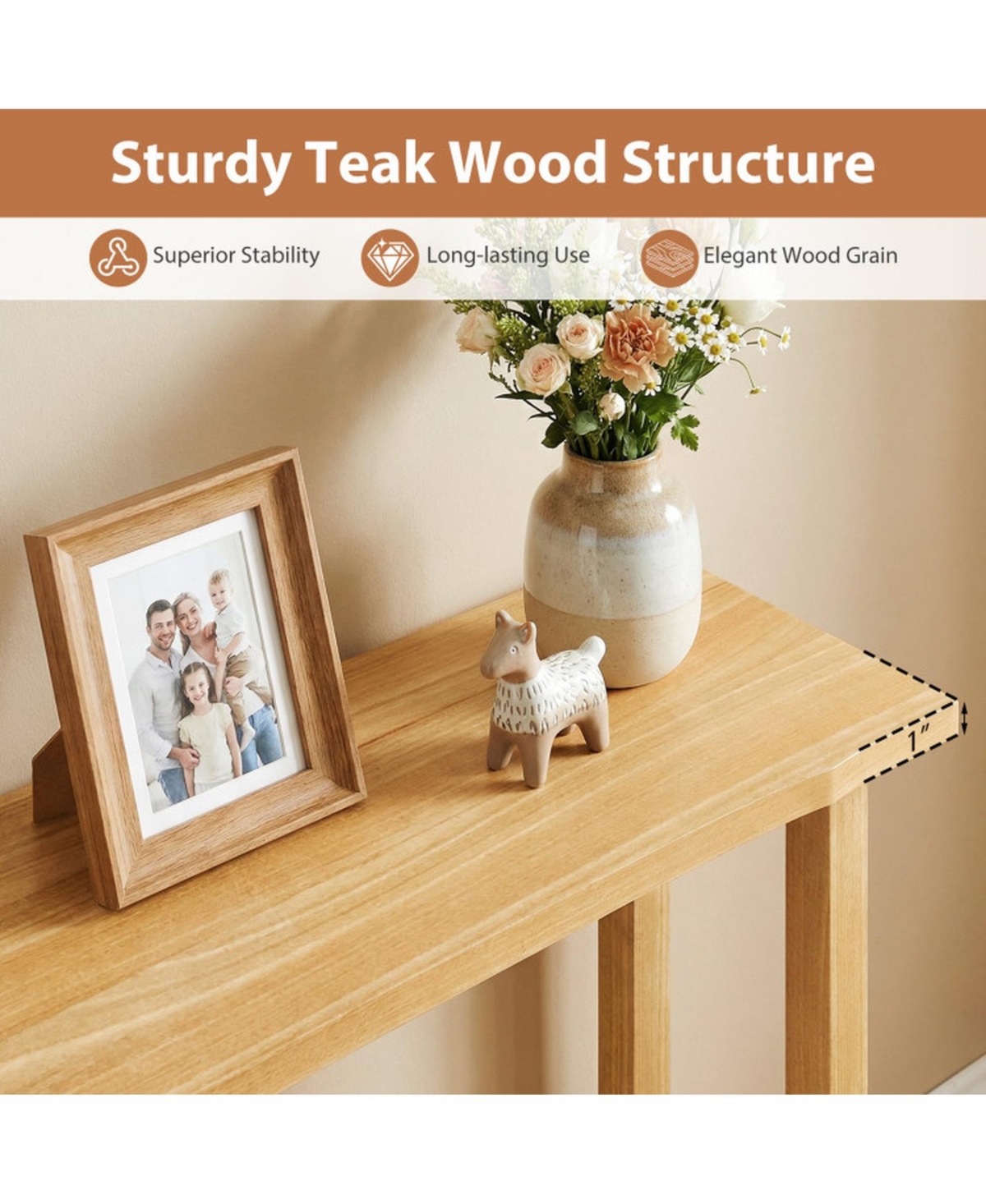 Sugift 47 in Solid Teak Wood Console Table with Storage Shelf