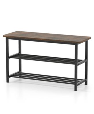 3-Tier Shoe Rack Bench with Metal Slat Shelves and Long Wooden Seat