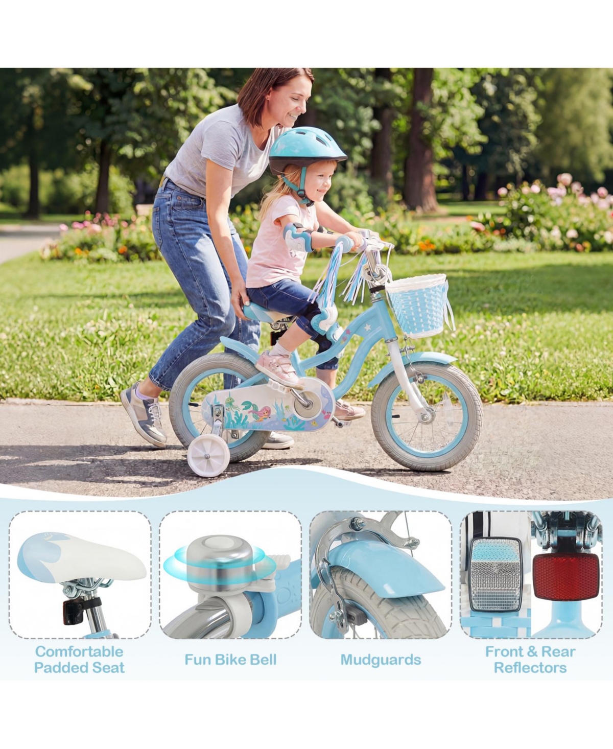 Slickblue Sea Princess 12" Adjustable Kids' Bicycle with Basket, 110 lbs Capacity, Ages 3-4