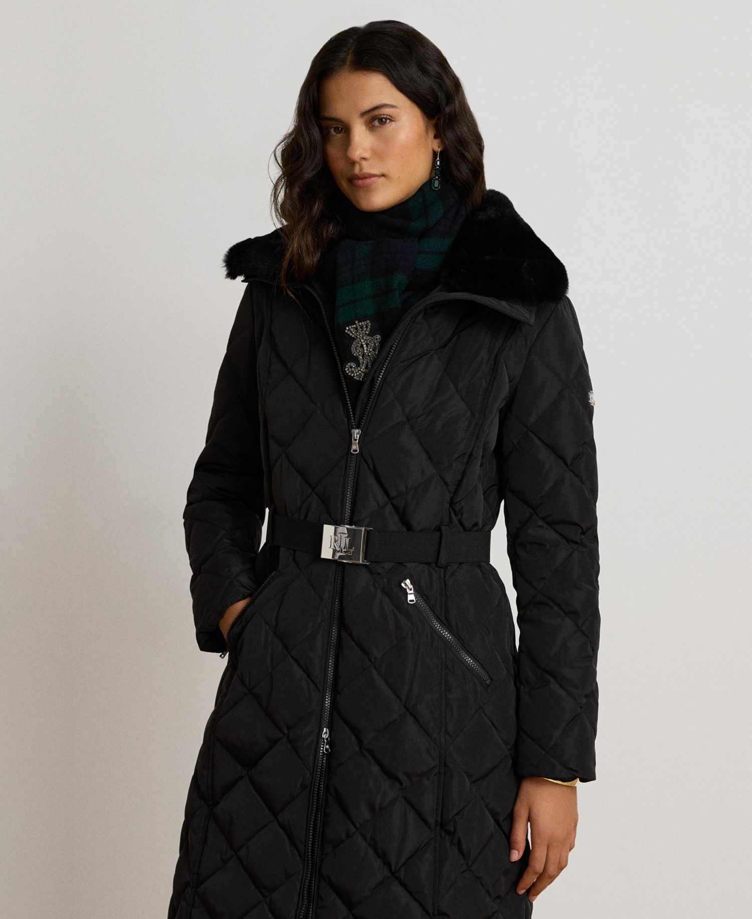 Women's Belted Quilt with Faux Fur Collar Coat