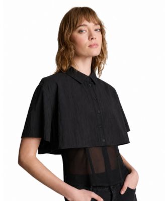 Women's Short Sleeve Cropped Boxy Button-Down Shirt with Corset Underlayer