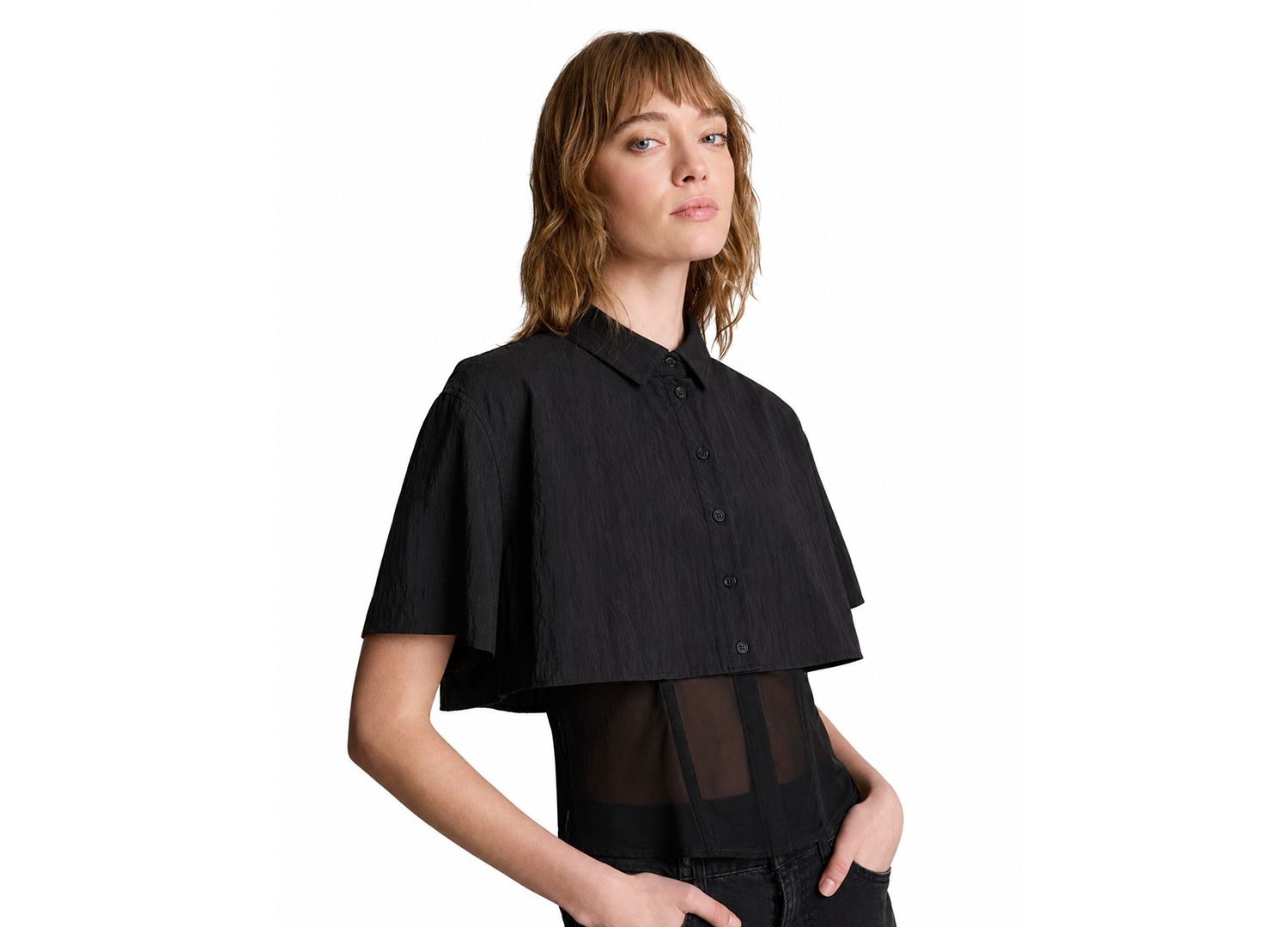 Women's Short Sleeve Cropped Boxy Button-Down Shirt with Corset Underlayer
