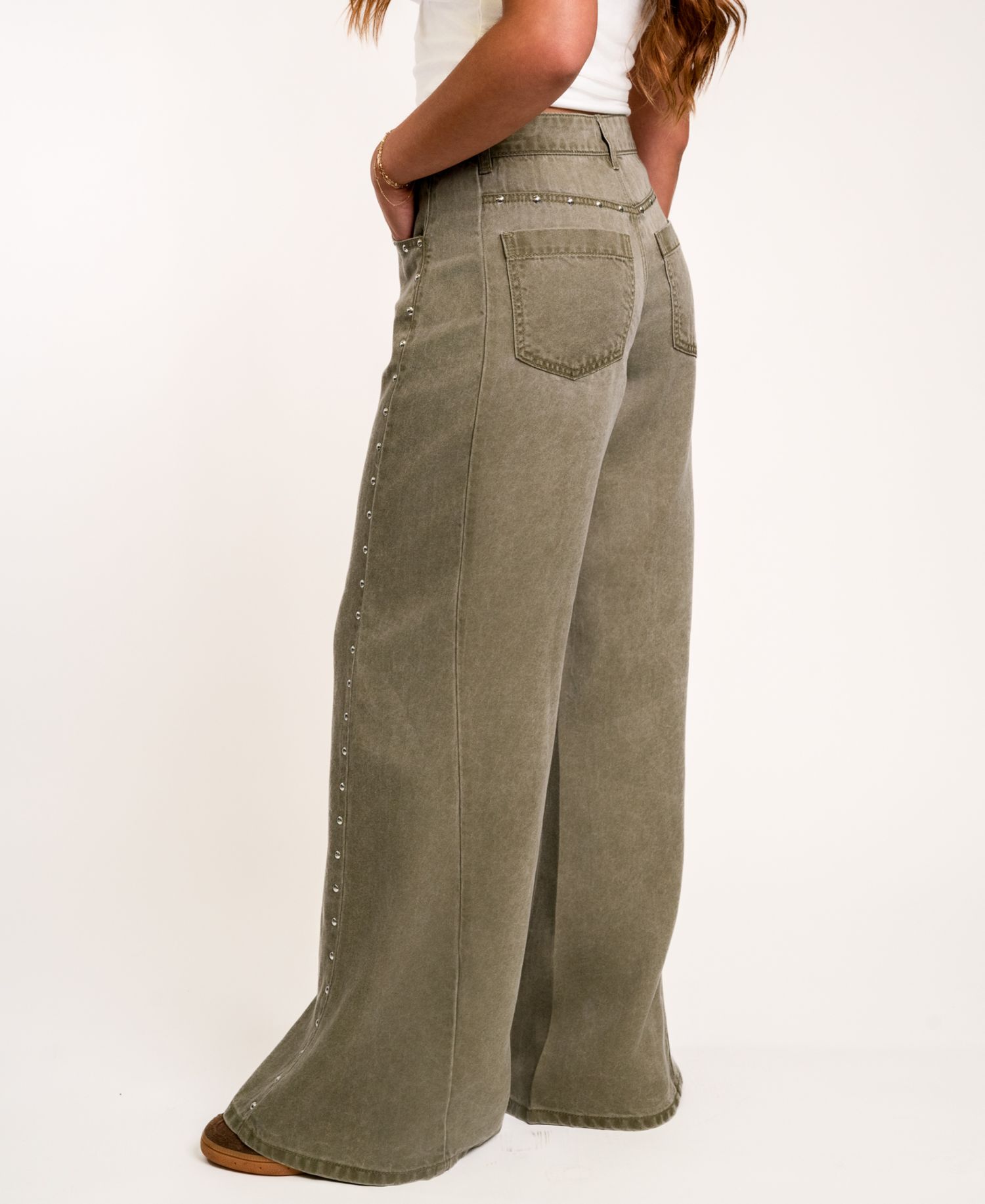 Juniors' High-Waisted Wide-Leg Studded Jeans