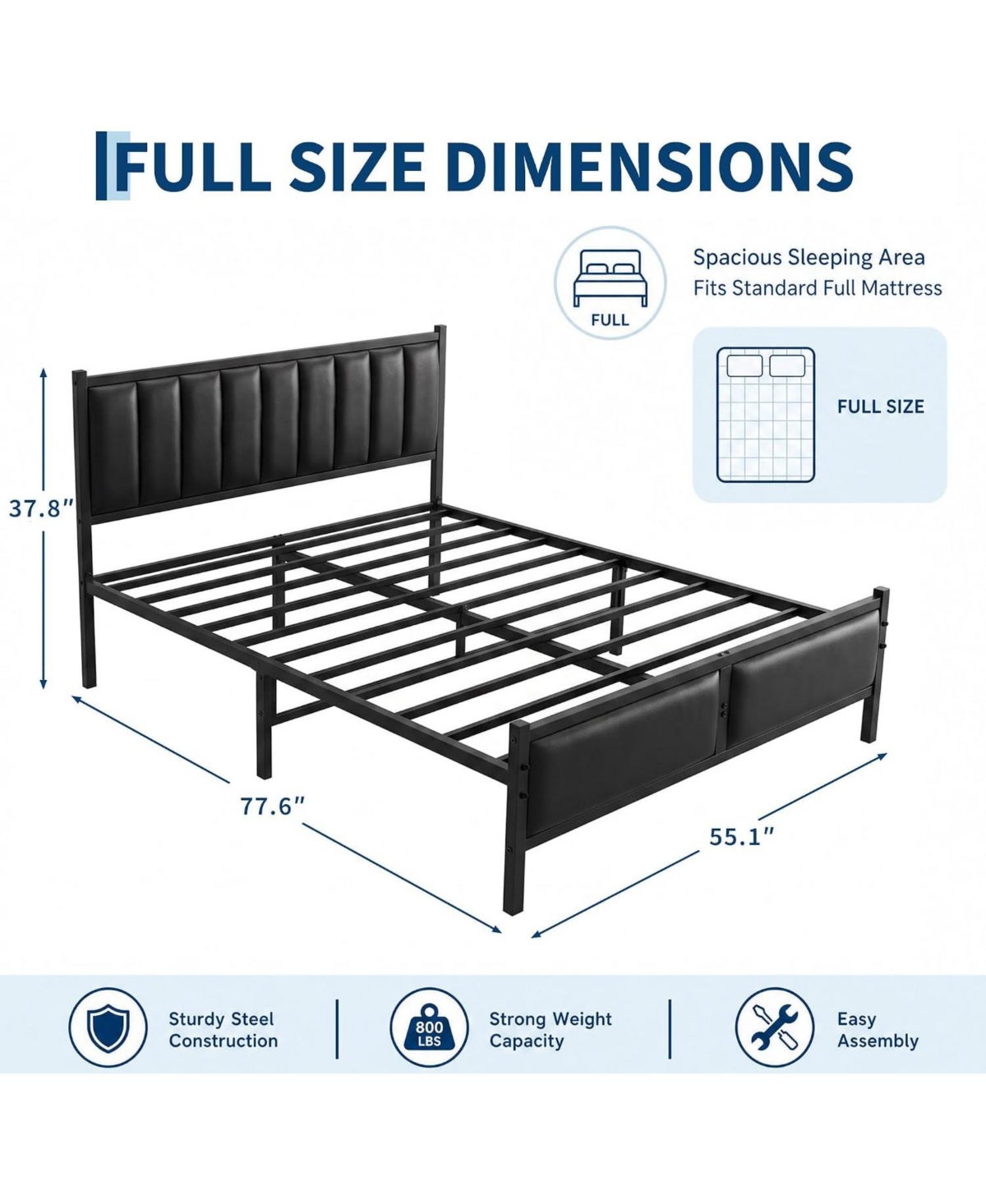 homfan Full Size Upholstered Platform Bed Frame with Pu Leather Headboard, No Box Spring