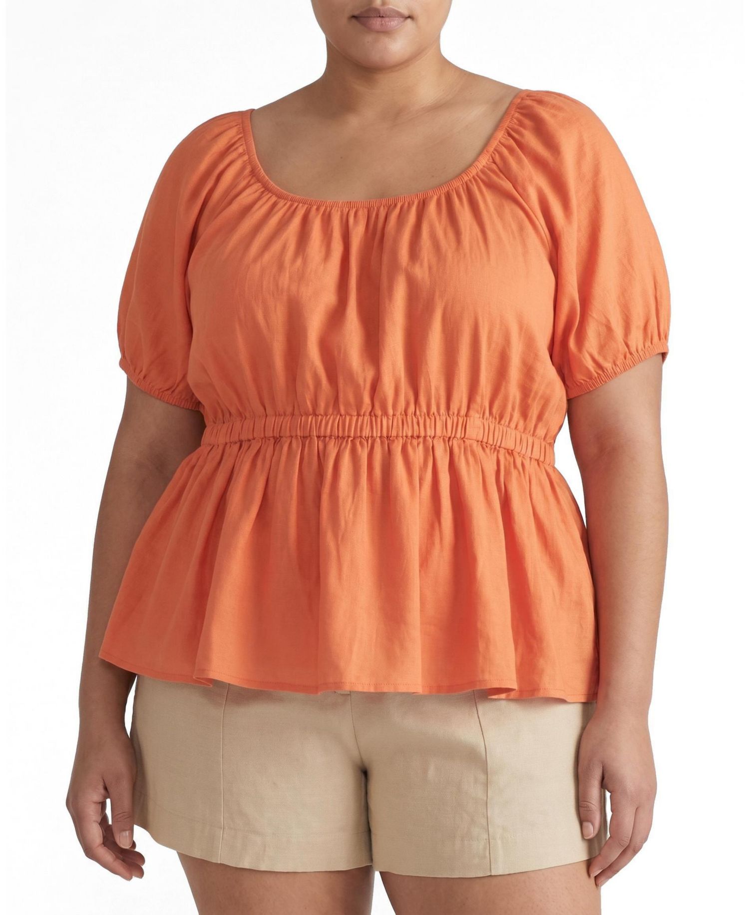 Plus Size Andrea Linen-Blend Short-Sleeve Peplum Top