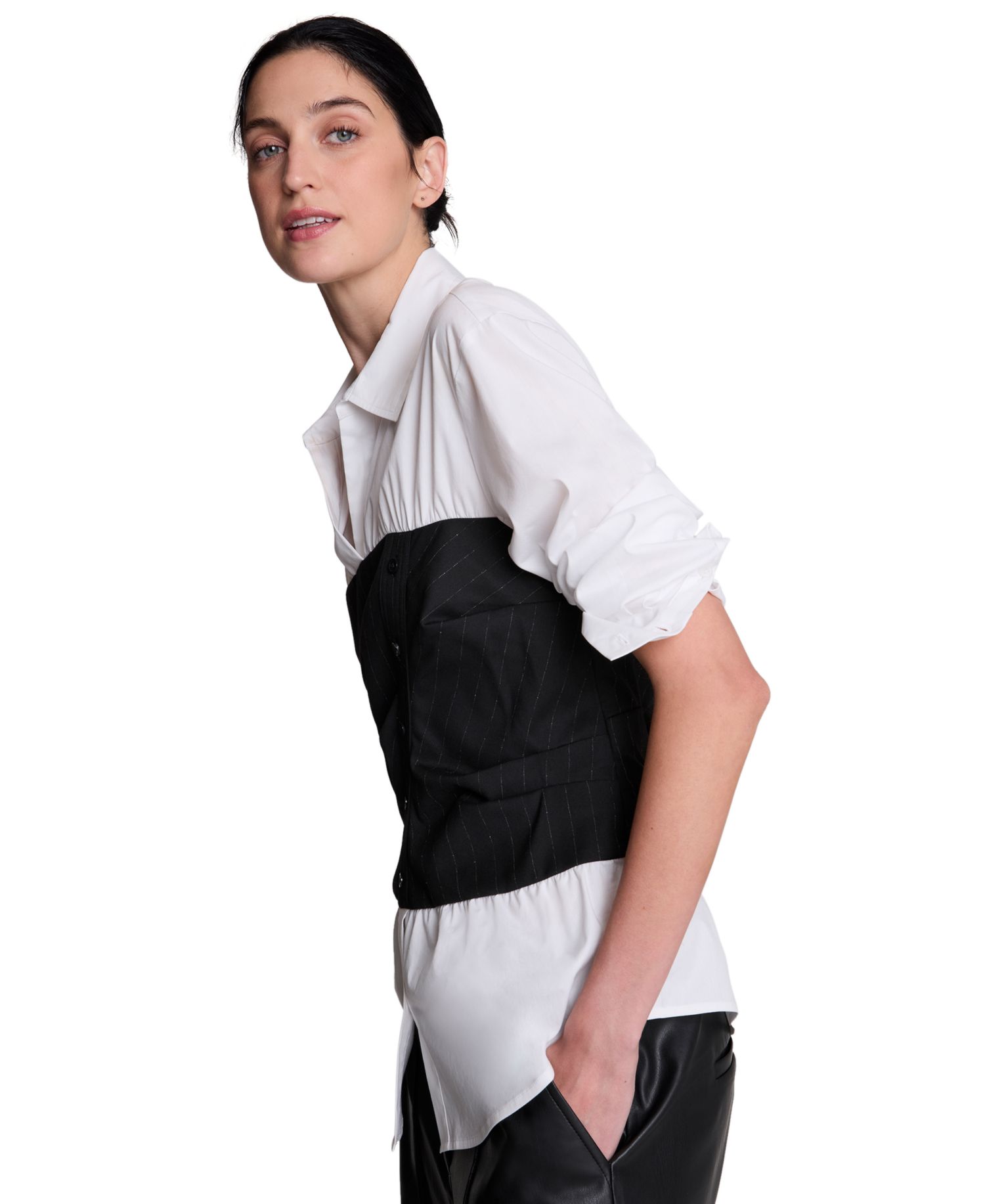 Women's Poplin Long Sleeve Shirt with Pinstripe Bustier
