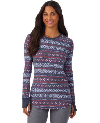 Women's Waffle-Knit Thermal Stretch Long-Sleeve Crew-Neck Top