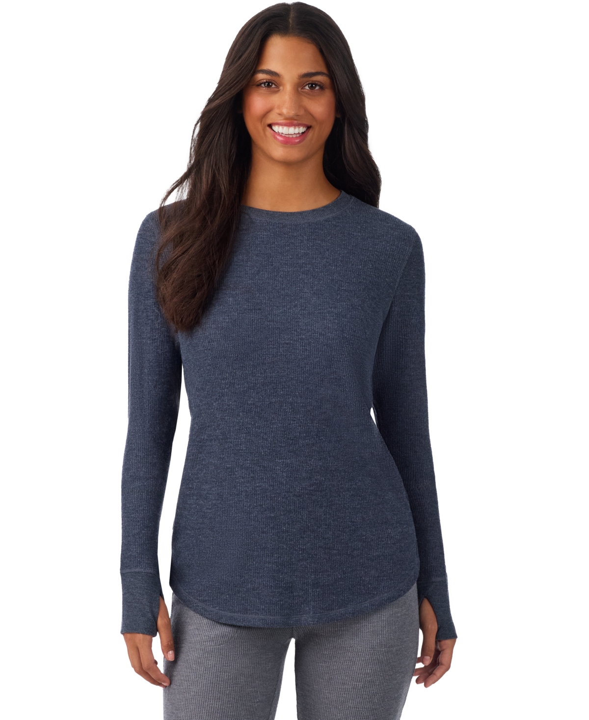 Cuddl Duds Women's Waffle-knit Thermal Stretch Long-sleeve Crew-neck Top In Heather Blue