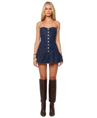 Juniors' Honey Pie Strapless Ruffled-Hem Fitted Denim Dress
