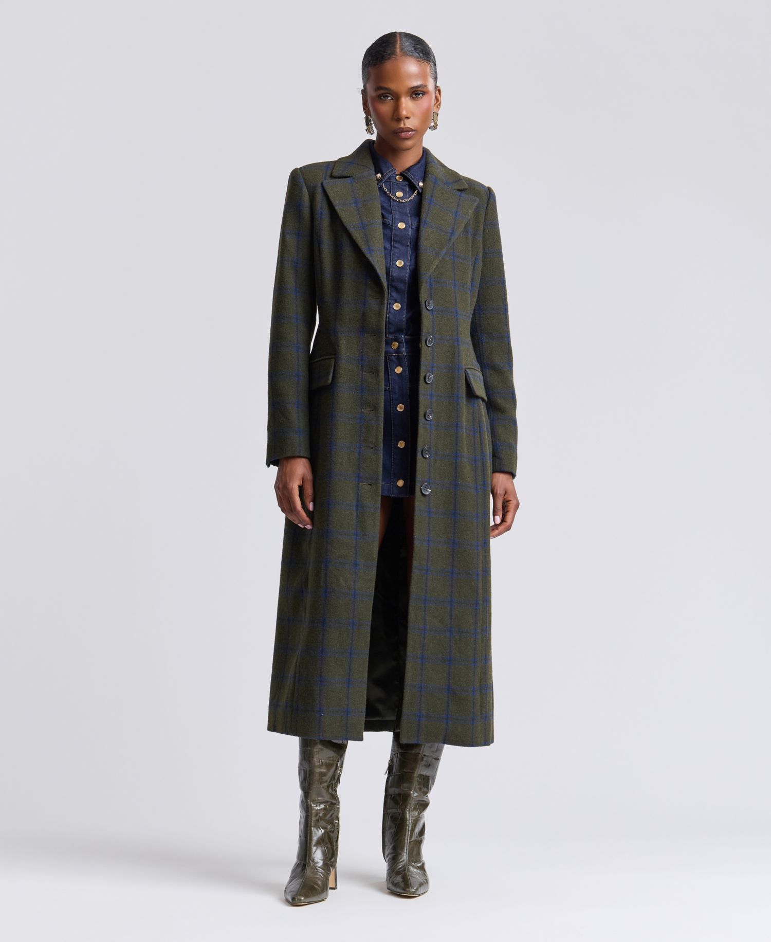 Women's Plaid Wool-Blend Spread Collar Button-Front Coat