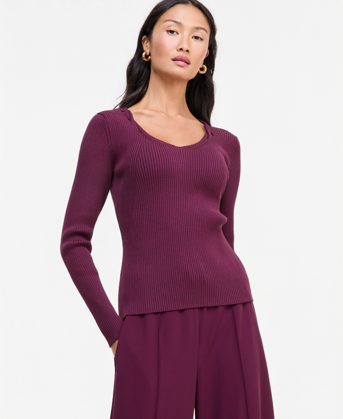 I.n.c. International Concepts Women's Long-Sleeve V-Neck Cutout-Trim Sweater, Macy's Exclusive