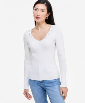 Women's Long-Sleeve V-Neck Cutout-Trim Sweater