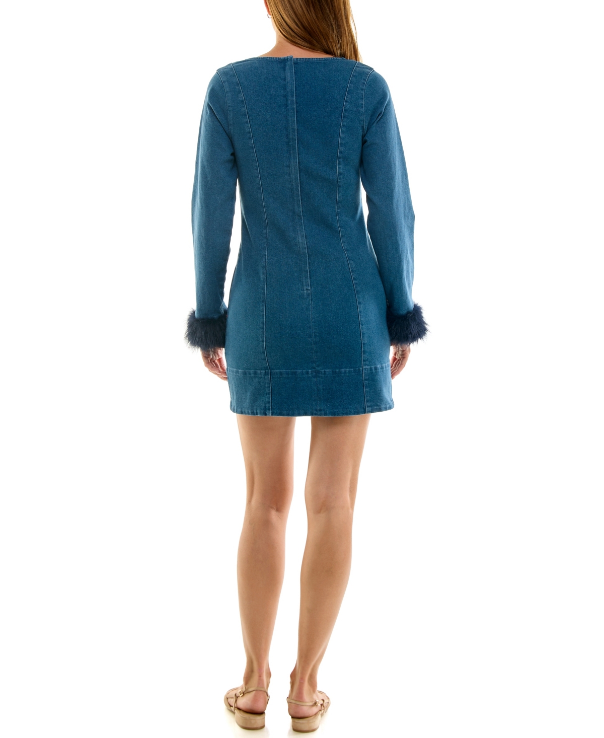 Rare Juniors' Denim Long-Sleeve Faux-Fur Trim Mini Dress