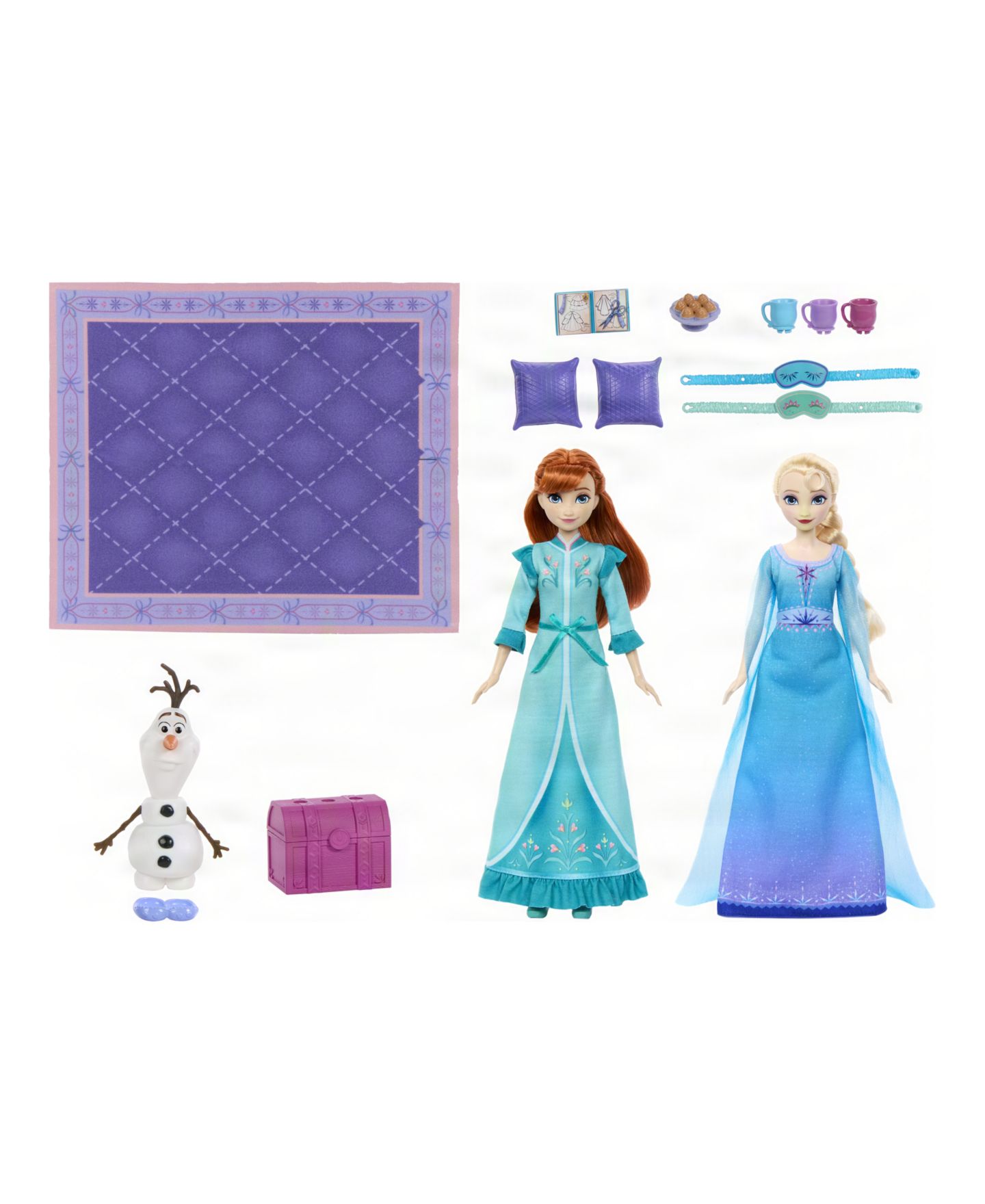 Детские куклы Disney Princess Frozen Slumber Sister Set with Anna, Elsa, and Olaf Posable Fashion Dolls with 14 Accessories, Ages 3+ — фото 6