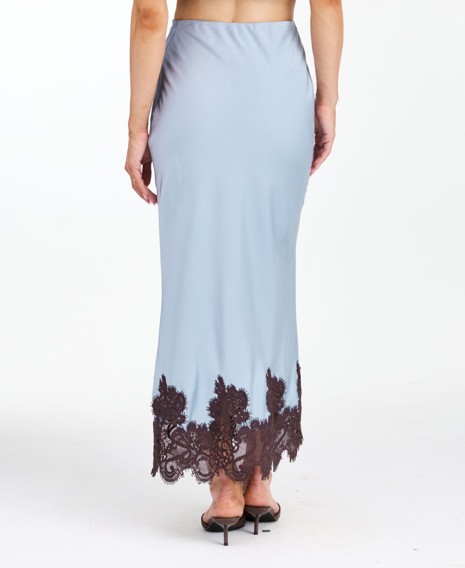 Women's High-Waisted Crepe Satin Maxi Skirt with Lace Trim