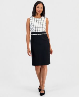 Women's Sleeveless Windowpane Tweed and Crepe Sheath Dress