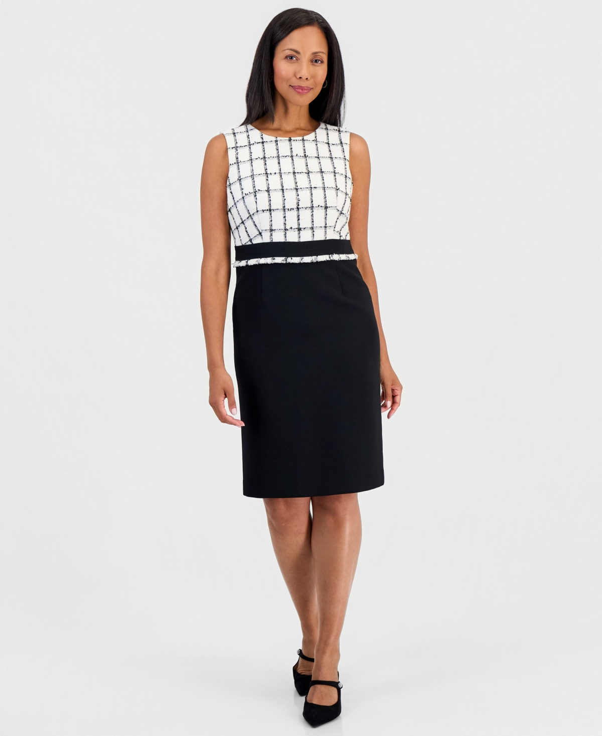 Kasper Women's Sleeveless Windowpane Tweed and Crepe Sheath Dress