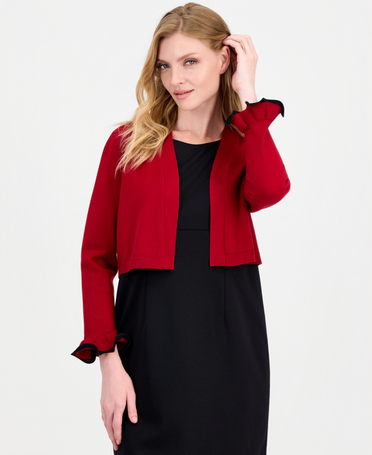 Kasper Women's Cropped Shawl-collar Shrug With Lurex Cuff In Fire Red,black