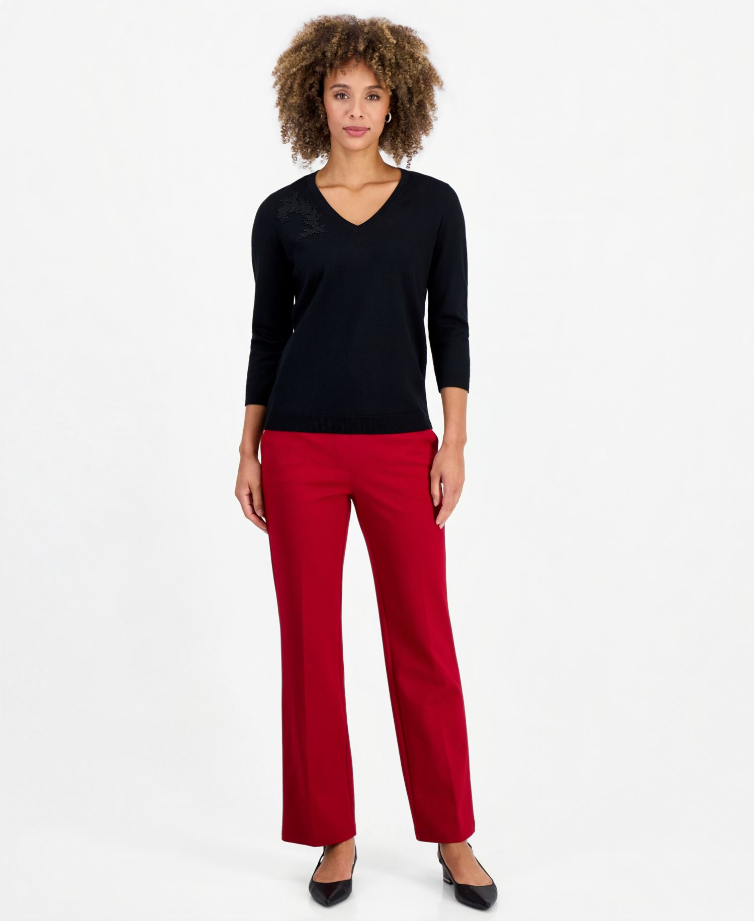Women's 3/4-Sleeve V-Neck Lace-Applique Sweater