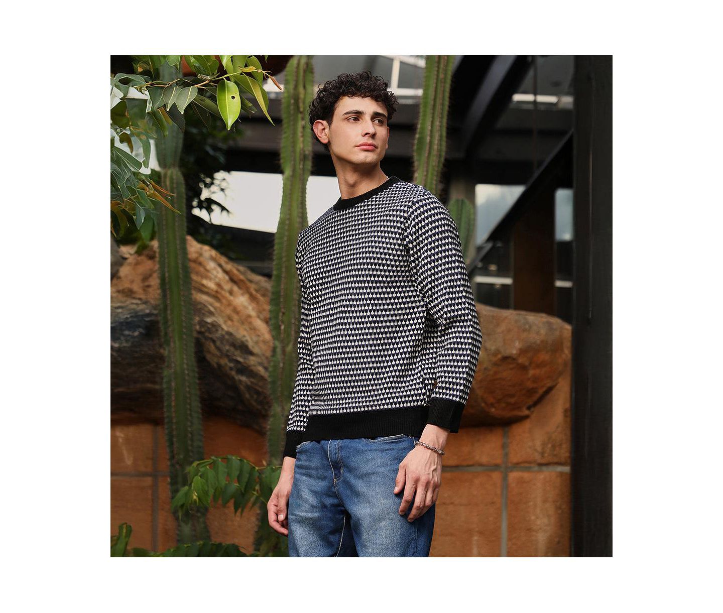 Мужской свитер Campus Sutra Contrast-Jacquard Knit Pullover, цвет: Чёрный — фото 3
