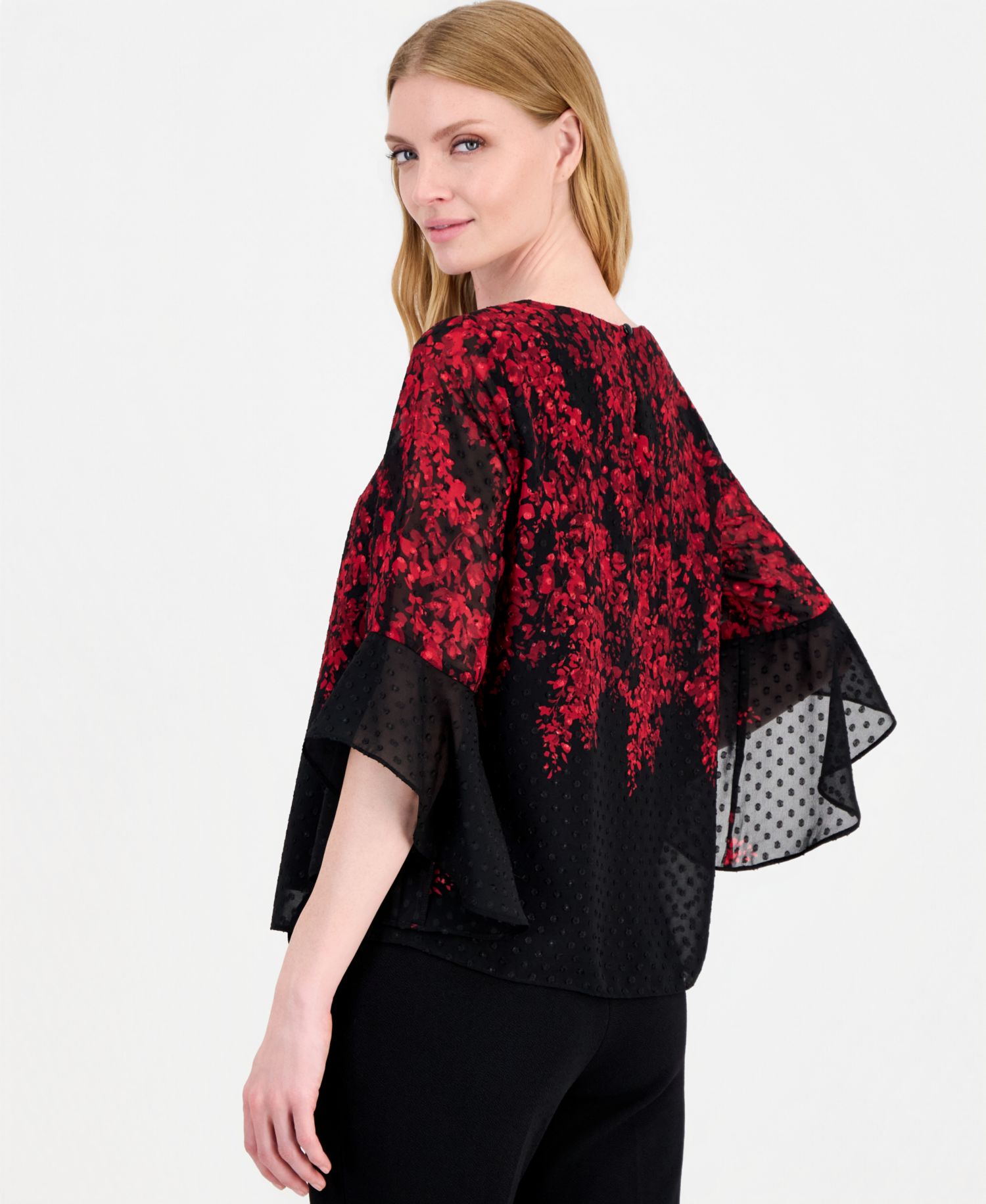 Petite Ruffle-Sleeve Floral Boat-Neck Blouse