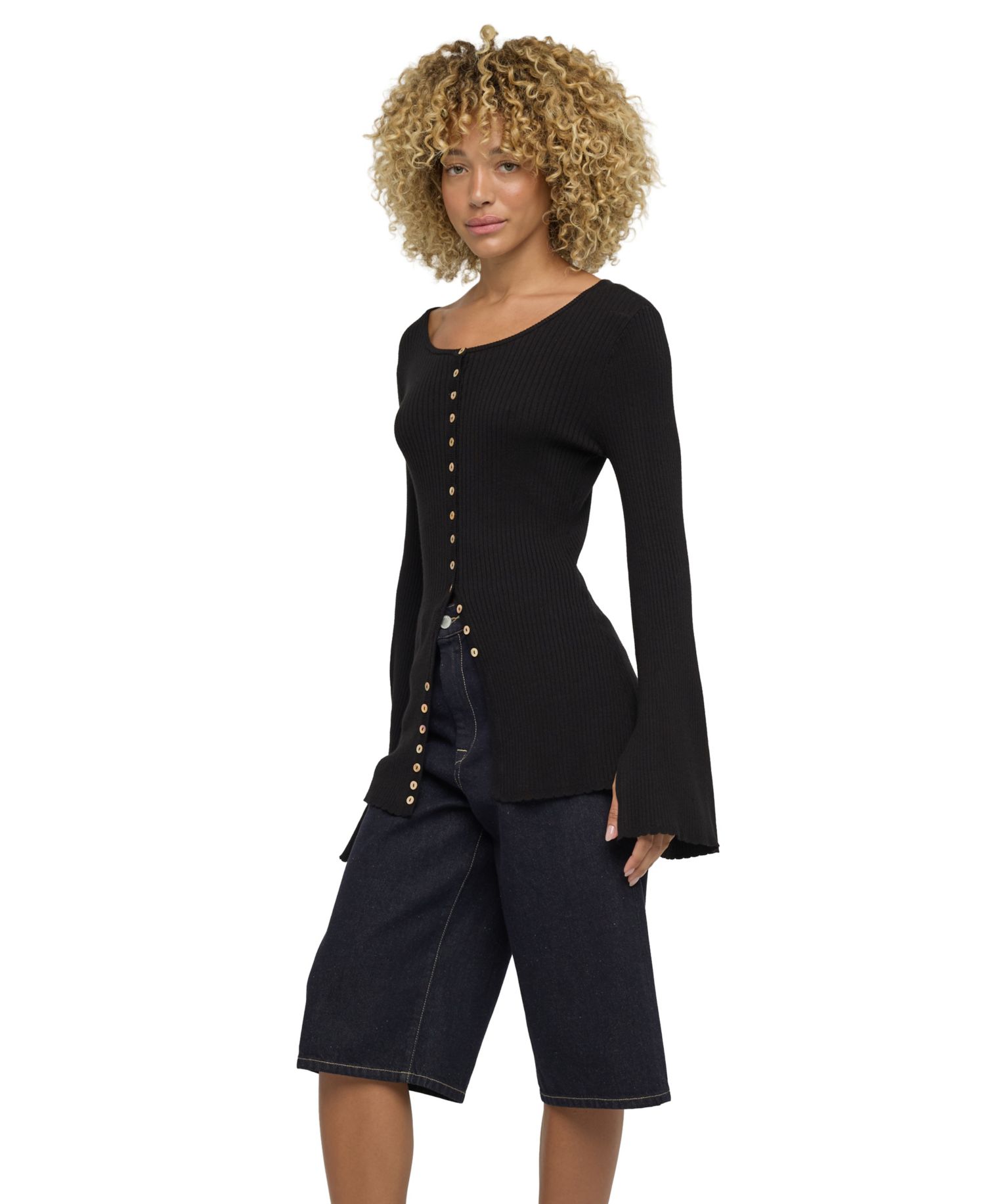Women's Ribbed-Knit Bell-Sleeve Button-Up Top