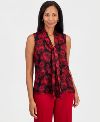 Women's Floral-Print Tie Front Sleeveless Blouse