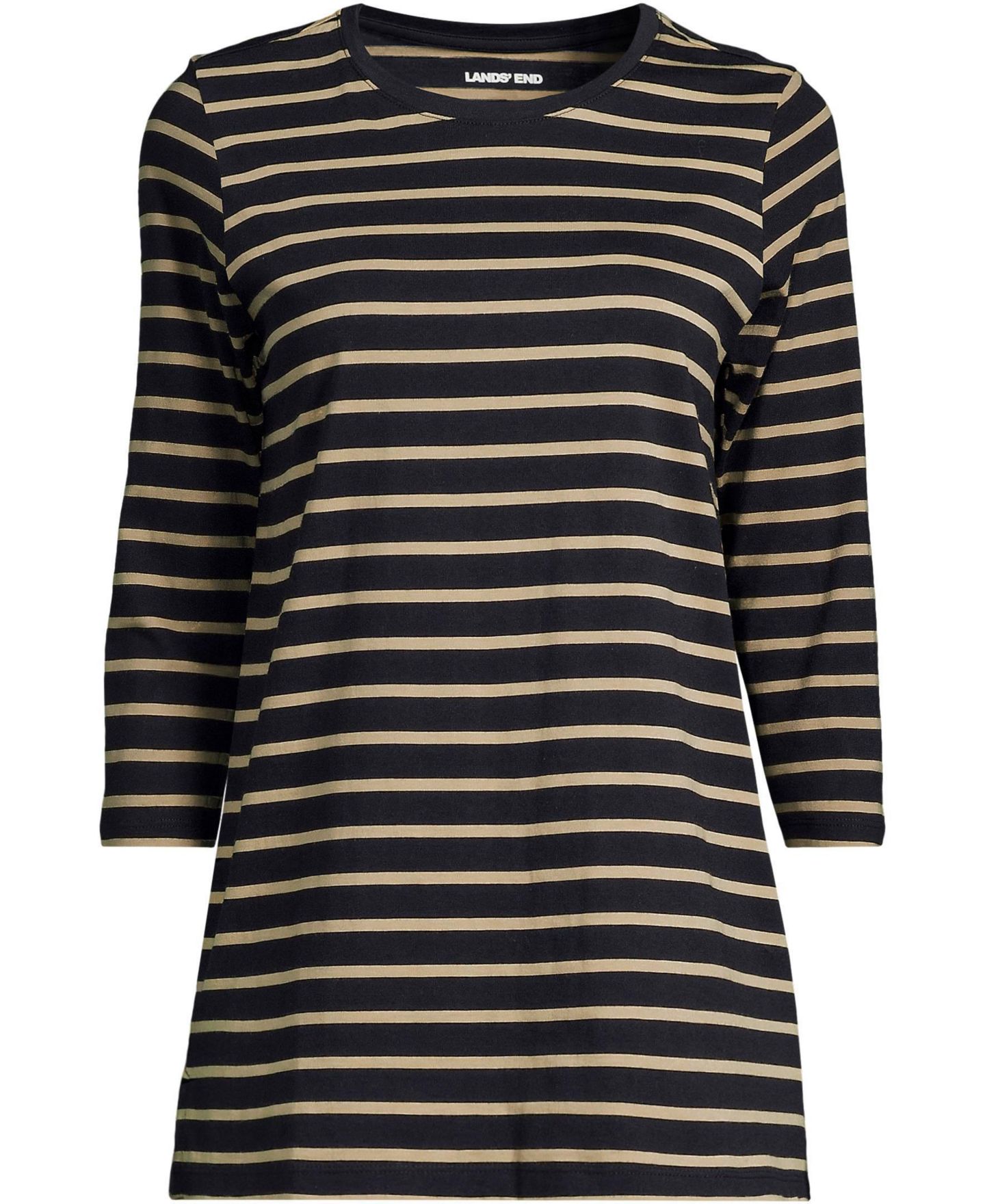Женский топ Lands' End 3/4 Sleeve Cotton Supima Tunic, цвет: Чёрный / Миндальный рыжевато-коричневый полосатый — фото 2