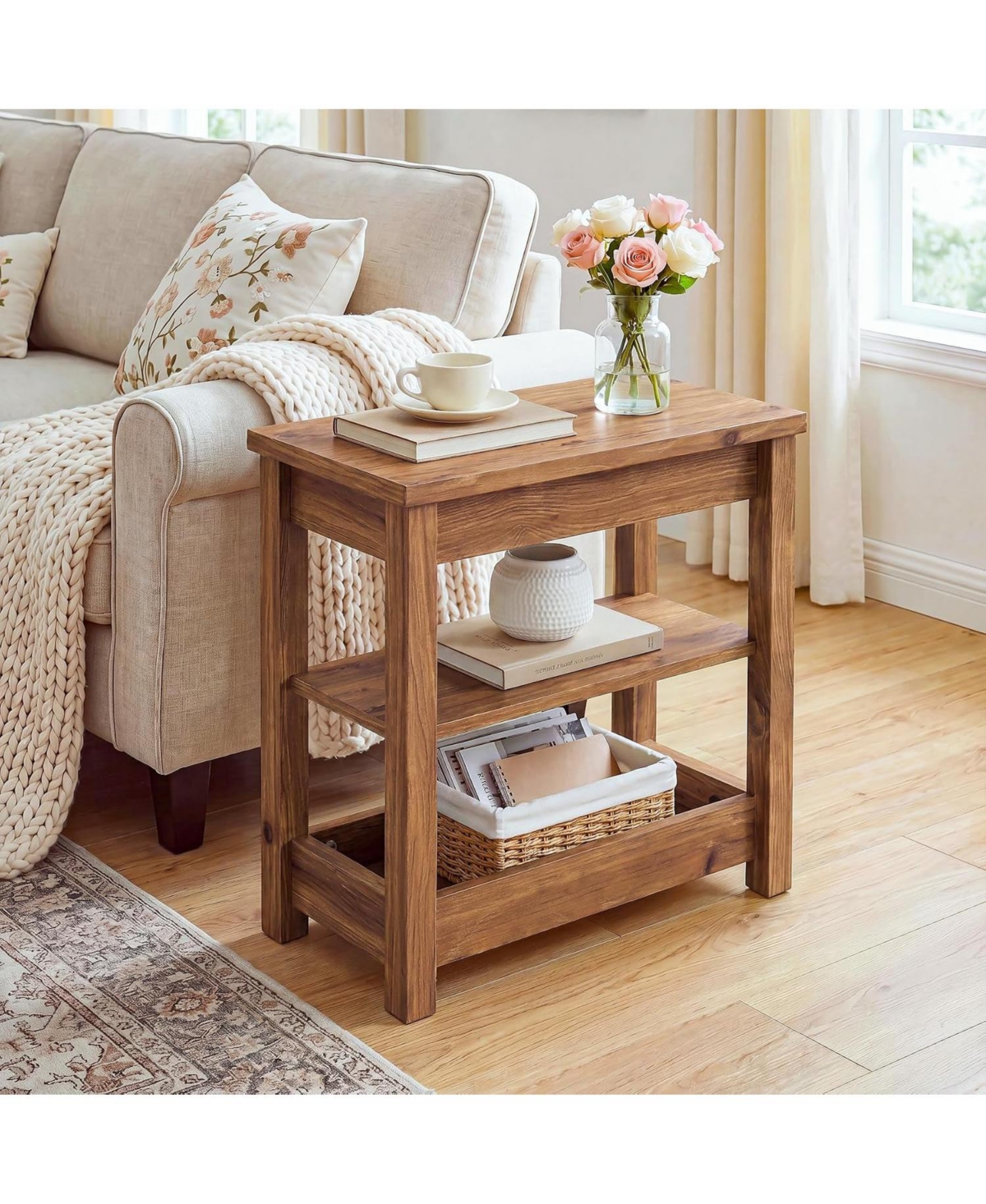 Tribesigns Solid Wood End Table with 3-Tier Storage Shelf, Farmhouse - Rustic brown