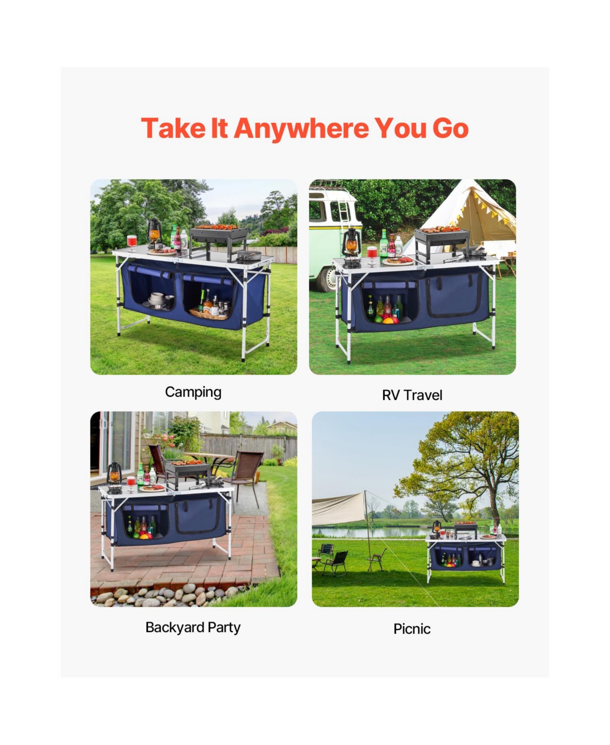 Hongge Folding Aluminum Camping Kitchen Table 47 x 19.3 in Portable Cook Station with Storage Organizer
