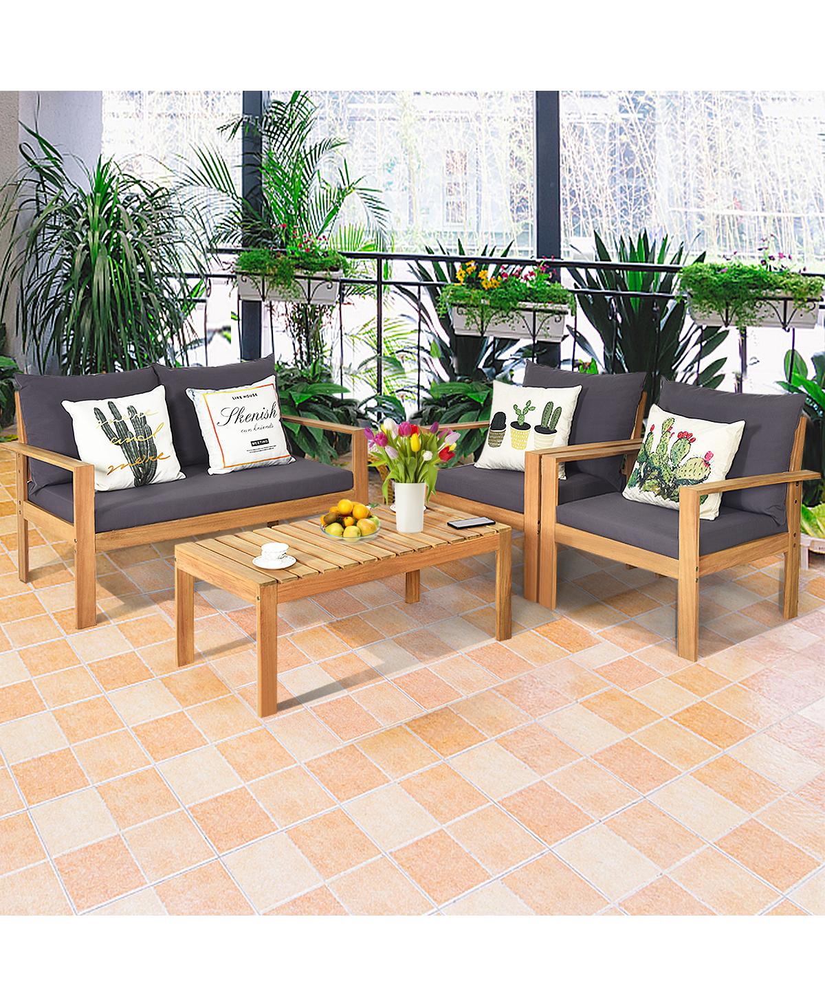 Gymax 8 Pieces Cushioned Wooden Conversation Set Patio Outdoor Furniture Set