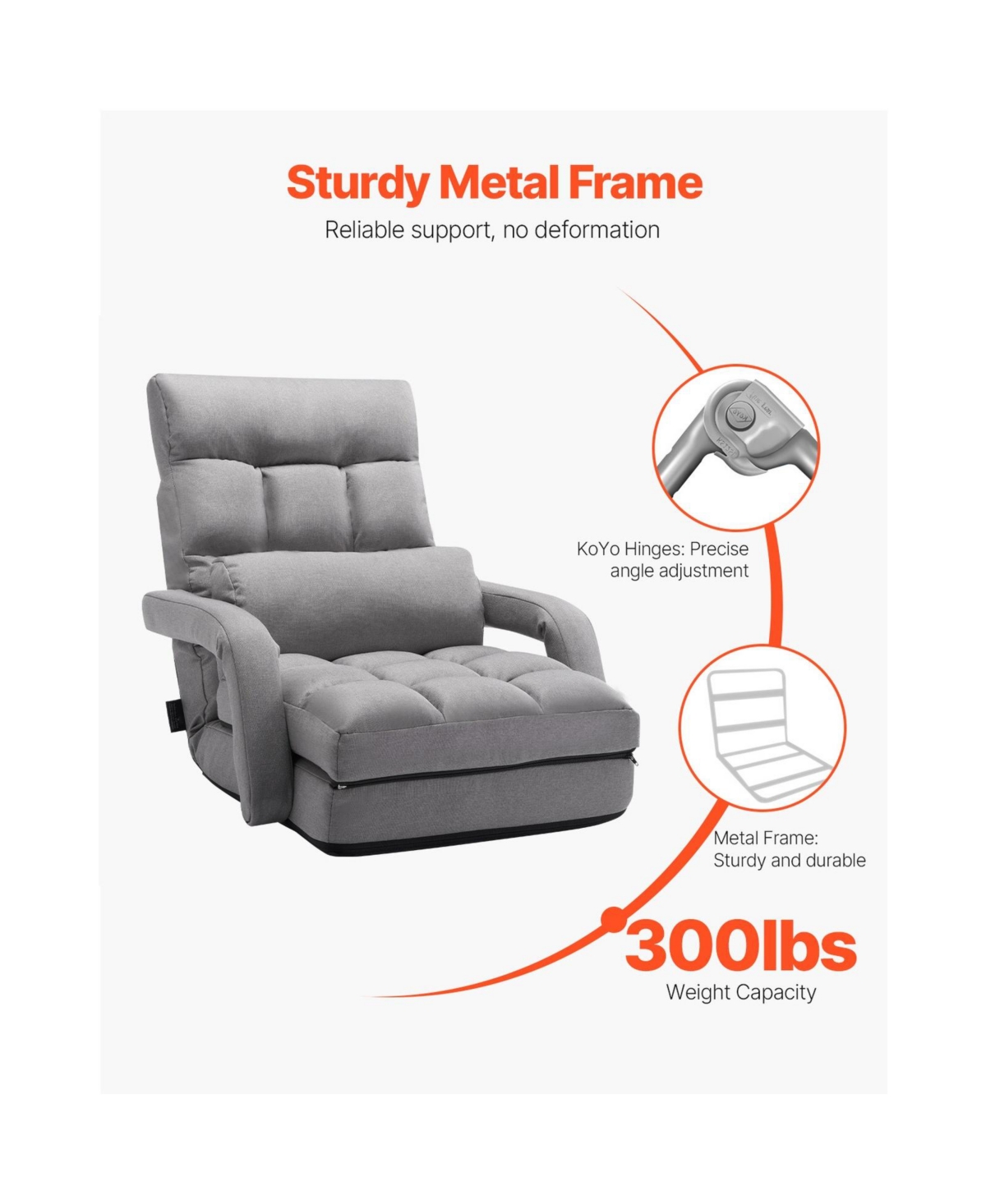 Sugift 2-in-1 Folding Floor Chair Bed with 5 Adjustable Positions Back Support Armrests for Adults
