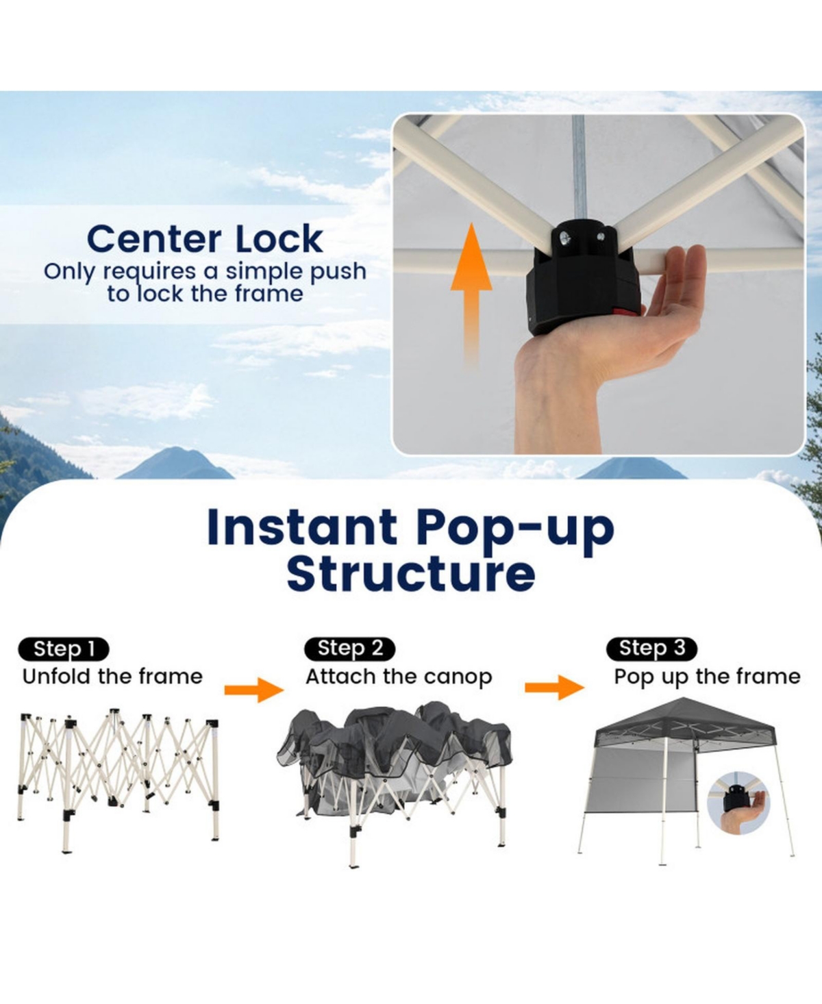 Sugift 7 x 7 Ft Pop-Up Canopy Tent with 1 Push Center Lock for Sports Picnic Camping