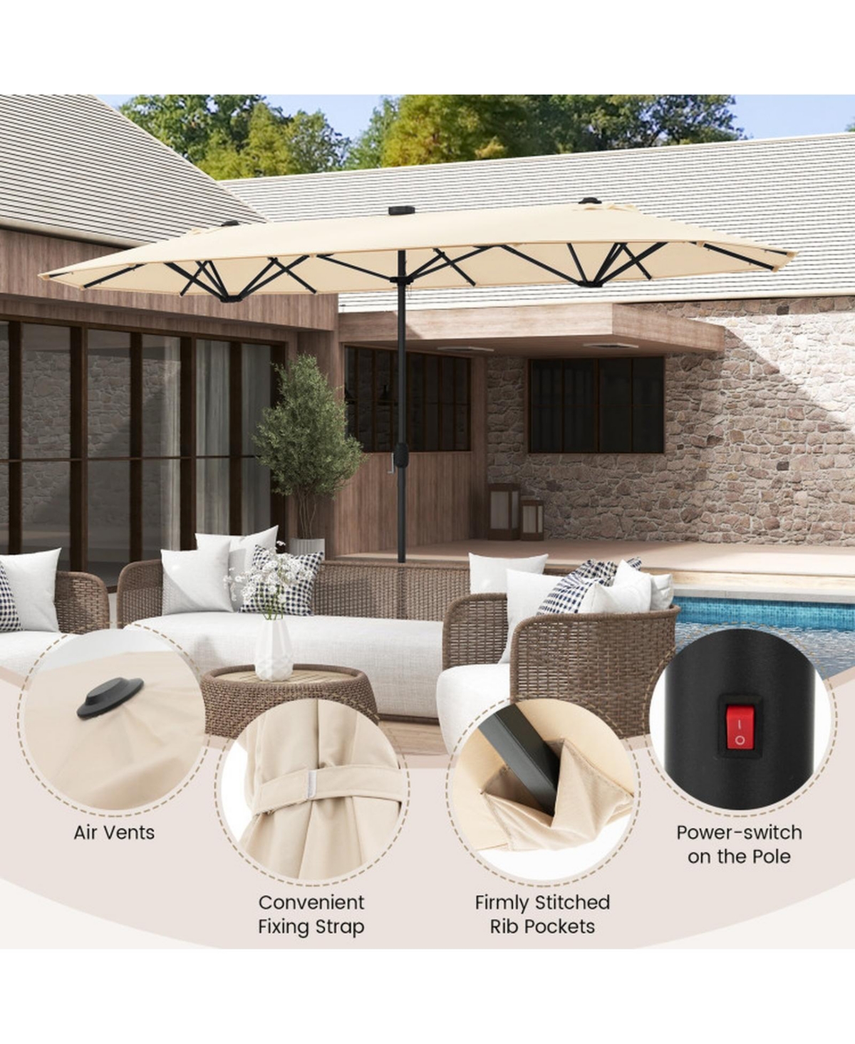 Sugift Double-Sided Patio Umbrella with Solar Lights for Garden Pool Backyard