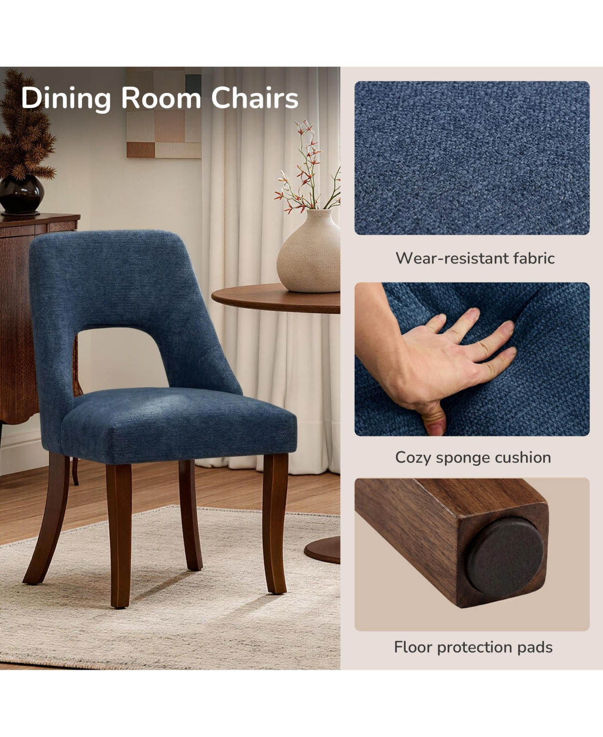 Flynama Set of 2 Chenille Tufted Rubberwood Legs Space-Saving Dining Chairs