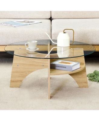 31.5 Inch Round Tempered Glass Coffee Table, Fan-Shaped Wood Grain Pedestal Table for Living Room and Office